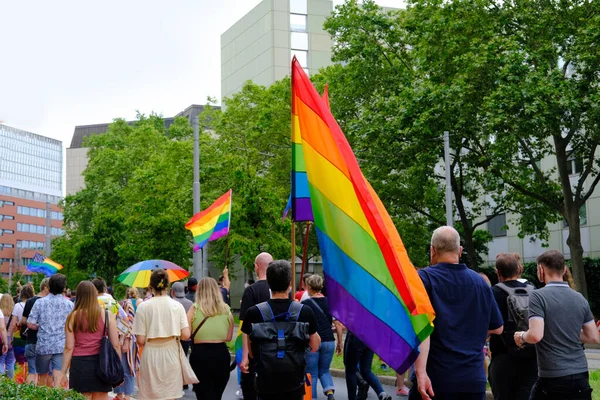 Frankfurt Temmuz 2021 Uluslararası Lgbt Hareketinin Katılımcıları Gökkuşağı Bayraklarıyla Gay — Stok fotoğraf