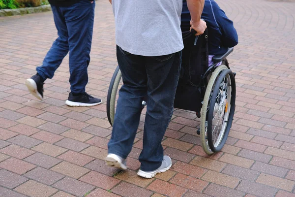 Male Nurse Park Driving Elderly Woman Years Old European Caucasian — Stock Photo, Image