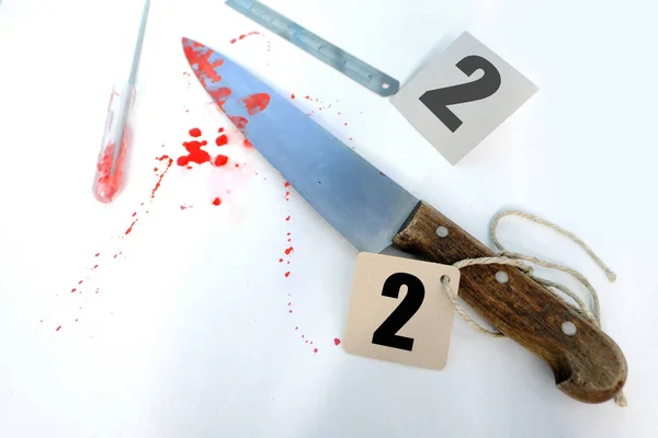 Evidence Idfresh Splatter Red Blood White Table Sharp Knife Stained — Stock Photo, Image