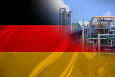 Saten üzerine ulusal bayrak Almanya, boruları olan kimya fabrikası, ülkedeki endüstriyel üretim konsepti, devletin kalkınma seviyesi, çevresel sorunlar