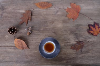 içecek, bardakta sıcak içecek yapraklar, yeşillik, çelenk, mumlar, ahşap masa manzarası, güzel hava konsepti, açık hava çay partisi, sıcak sonbahar havası.