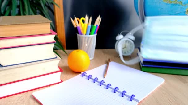 Student Home Office Table White Alarm Clock Books Orange Colored — Stock Video