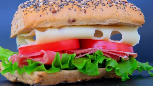 Крупним Планом Апетитний Бутерброд Стиглими Скибочками Помідорів Зеленим Салатом Сиром — стокове відео