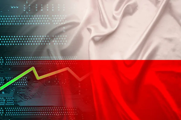 ulusal ipek bayrağı kıvrımlı, yeşil elektronik baskılı devre kartı PCB, büyüme oku, modern teknoloji konsepti, iş dünyası, ekonomi, politika, küresel dünya ticareti