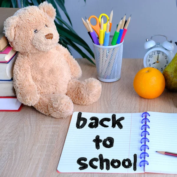 Student Home Office Table White Alarm Clock Books Teddy Bear — Stock Photo, Image