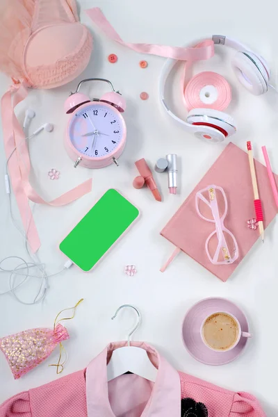 Womens Stylish Accessories Smartphone Blank Screen Glamorous Set Pink Shades — Stock Photo, Image
