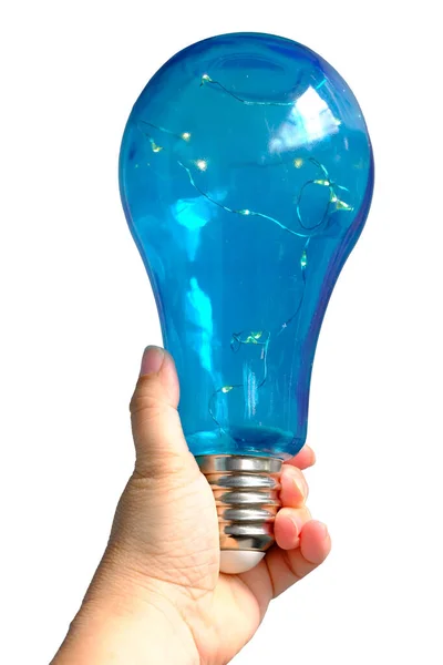 Isolert Closeup Blue Light Bulb Med Krans Inni Kvinnelig Hånd – stockfoto