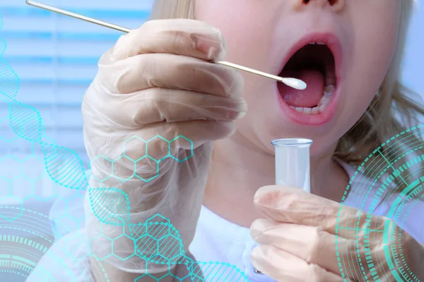 small child, a 2-year-old blonde girl with open mouth, doctor takes cotton bud to analyze saliva, mucous membrane for DNA tests, COVID-19, to determine paternity, modern technology concept