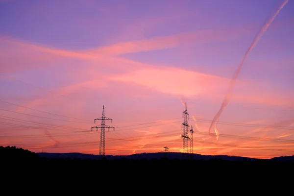 Beautiful Landscape Sky Airplane Trail Lines Power Towers Field Evening — Stock Photo, Image