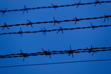 mavi arka planda birçok sıra dikenli tel, hapis kavramı, yasak bölge