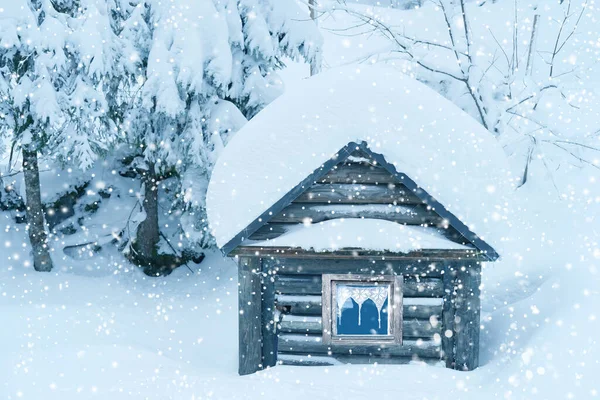 Régi Faház Hóban Gyönyörű Téli Táj Hófödte Bolyhos Fenyőfák Séták — Stock Fotó