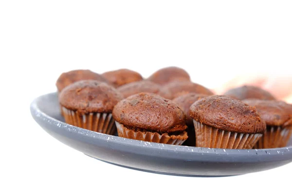 Muchos Muffins Chocolate Plato Gris Concepto Comida Alta Calorías Dulces — Foto de Stock