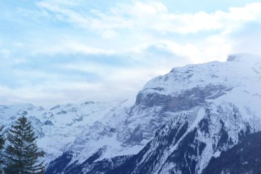 Güzel kış manzarası, karla kaplı ağaçlar, dağ geçidi, dağlarda kar yağışı, karda İsviçre Alpleri, kış ormanlarında yürüyüş, turizm, kış sporları.