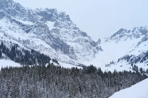 Prachtig Winterlandschap Besneeuwde Bomen Bergpas Sneeuwval Bergen Zwitserse Alpen Sneeuw — Stockfoto