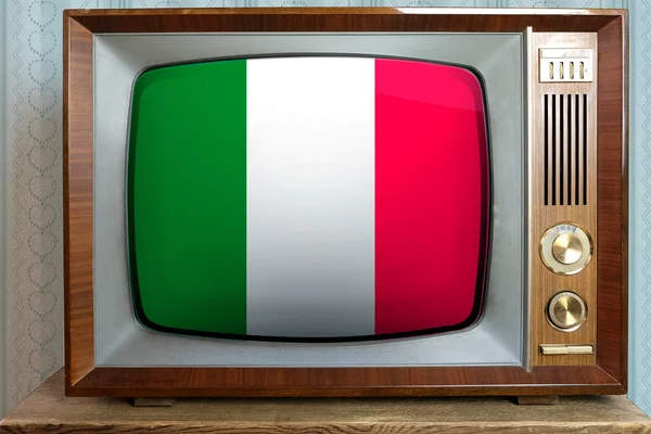 テレビ 世界貿易 レトロ技術 ニュースに永遠の値の概念 スタイリッシュな60年代のインテリア 画面上のイタリアの国旗と古いチューブヴィンテージテレビ — ストック写真