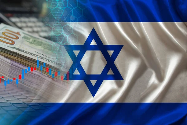 Bandeira Nacional Israel Cetim Notas Dólar Computador Conceito Negociação Global — Fotografia de Stock