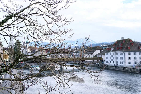 Tree Branches Hide Beautiful View Autumn Winter City Lucerne Residents — Stock Photo, Image