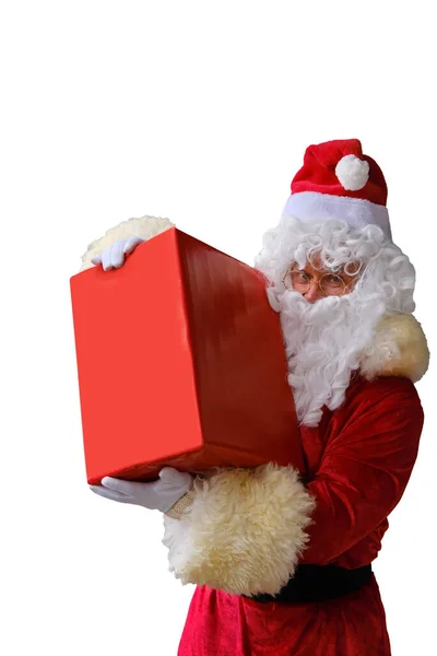 Santa Tiene Una Gran Caja Roja Regalos Ventas Muestra Franqueo — Foto de Stock