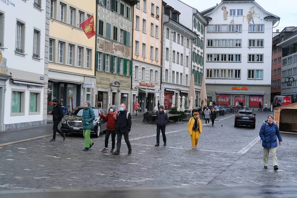 Lucerne Switzerland December 2020 Autumn Winter City Residents Tourists Walk — Stock Photo, Image
