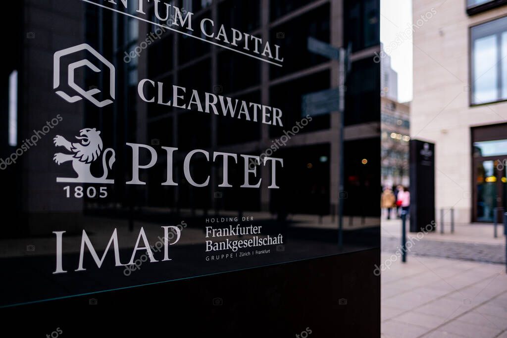 Iconic lion logo Pictet, renowned Swiss private bank Pictet Group, prominently displayed on glass facade, leading European independent investment firm offering, Frankfurt am main - January 25, 2025