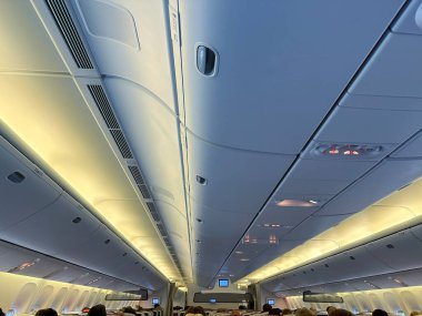 Modern uçak kabini içi, başlık kutuları, okuma ışığı, çağrı düğmesi, uçuş deneyimi, hava yolculuğu, konforlu seyahat, havayolu endüstrisi, uçak mühendisliği