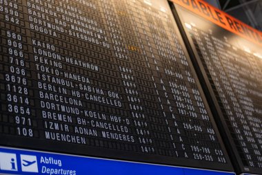 Ana salon Modern Avrupa havaalanı. Siyah mekanik uçuş bilgileri ekran panosu, uçuş geliş ve kalkış panosu Avrupa Havaalanı, Almanya, Frankfurt - 6 Şubat 2025