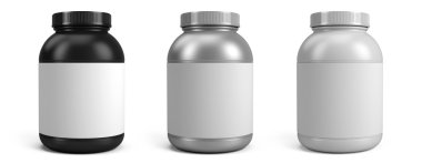 Kutu boş etiketi beyaz arka plan üzerinde izole protein veya gainer tozu. 3D render
