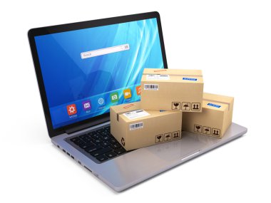 karton kutu paket parsel ve laptop - lojistik, kargo, teslimat ve kavram nakliye
