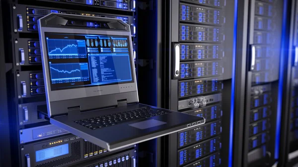 Rackmonterad ledde console i datacenter server rum — Stockfoto