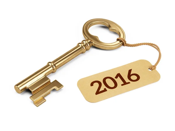 Golden Key with 2016 year tag isolated on white. 3d rendering — Stock Photo, Image