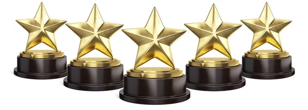 Öt arany csillag trófea díja elszigetelt fehér. 3D-leképezés — Stock Fotó