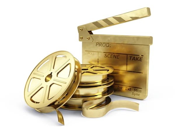 Carretéis de filme dourado e placa de Clapper - renderização 3d — Fotografia de Stock