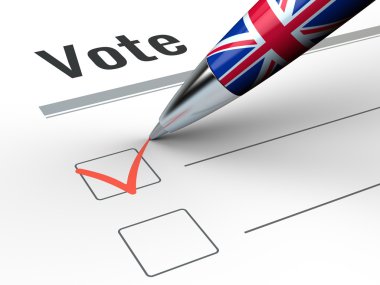 Brexit - kalem ile Büyük Britanya bayrağı ve oy onay kutusu