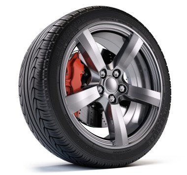 Araba tekerlek breke disk ve üzerinde beyaz izole kumpas ile. 3D çizim