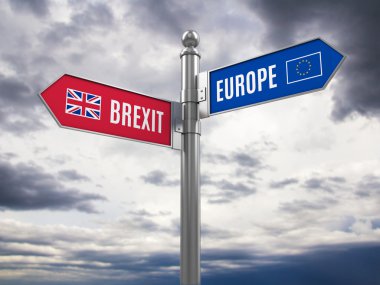 Brexit kavramı - bayraklı Euro ve Brexit yol işaretleri. 3D render