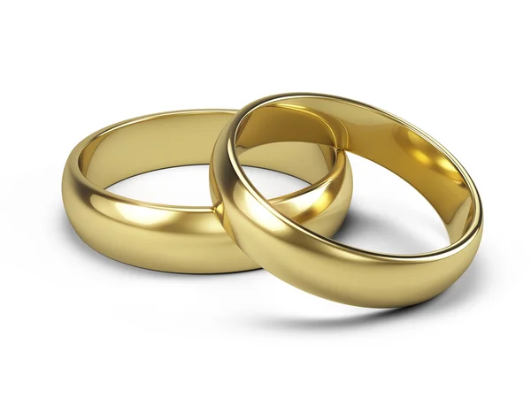Casal de anéis de casamento dourados isolados em branco. ilustração 3d — Fotografia de Stock