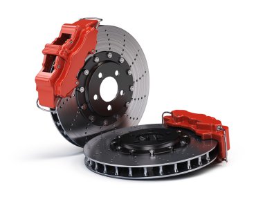 Fren diskler ile kırmızı spor yarış destekleri üzerinde beyaz izole çift. 3D render