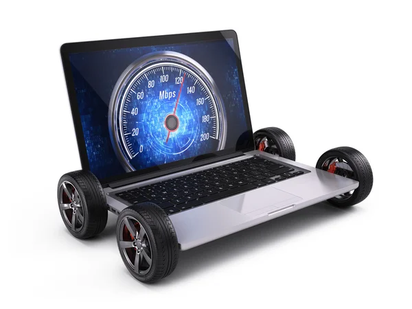 3D иллюстрация ноутбука на колесах с сетевым спидометром - концепция высокоскоростного подключения к Интернету — стоковое фото