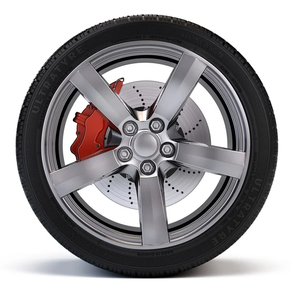 Автомобильное колесо с тормозным диском и суппортом изолировано на белом. 3d иллюстрация — стоковое фото