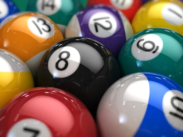 Closeup de bolas de bilhar em uma mesa de bilhar - ilustração 3d — Fotografia de Stock