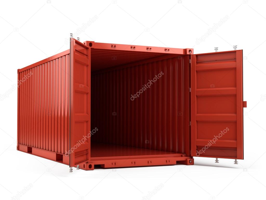 pen Red cargo shipping container against a white background