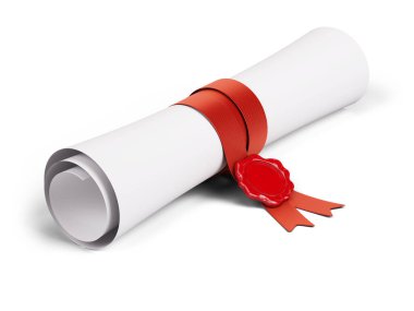 Beyaz arka planda kırmızı kurdeleli ve balmumu mühürlü kağıt parşömen diploması. 3d hazırlayıcı