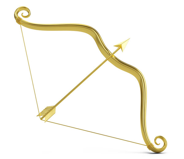 Love concept: Golden Cupid's bow and arrow isolated on white
