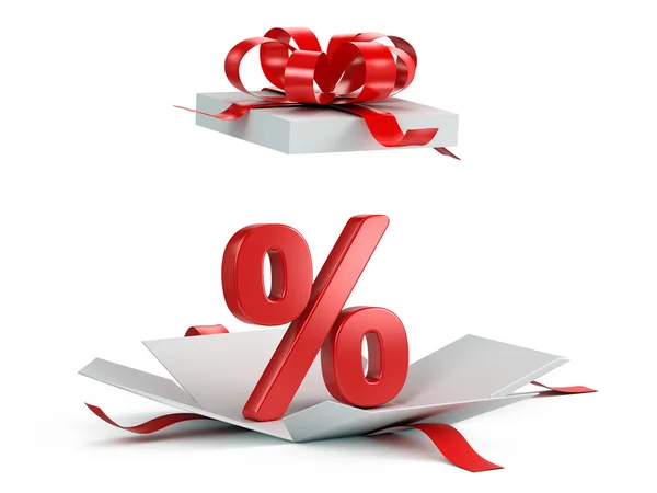 Caixa de presente aberta com porcentagem vermelha — Fotografia de Stock