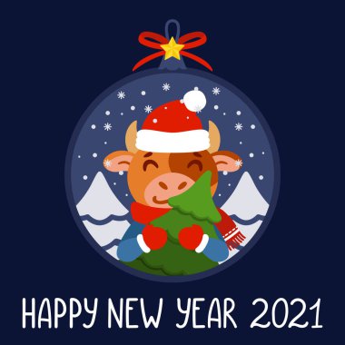 Noel balosunda ağaçlı bir boğa resmi. Köknar ağacıyla öküz. 2021 Çin Yeni Yılı 'nın sembolü. Xmas tebrik kartı, poster tasarımı. Şirin karakterli vektör illüstrasyonu. El çizimi harf alıntısı.