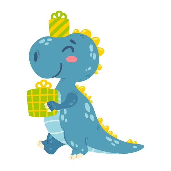 Lindo Dinosaurio Lleva Regalos Dragon Fiesta Cumpleaños Feliz Con Regalos — Vector de stock