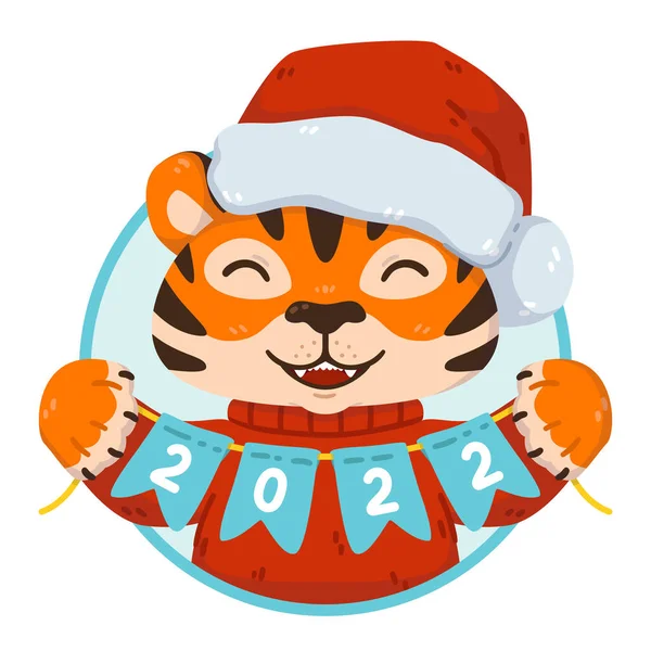 Bożonarodzeniowy Tygrys Flagami Świątecznymi 2022 Chiński Symbol Nowego Roku Kapeluszu — Wektor stockowy