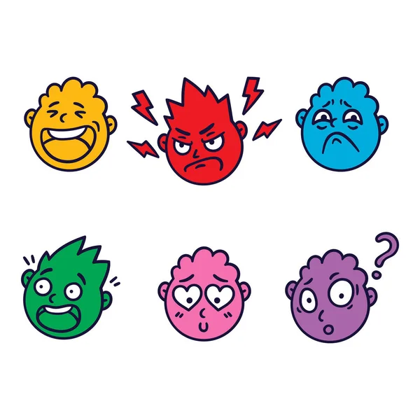 Round abstract face with different emotions. Happy, angry, questioning, scared, sorrow, falling in love emoji avatar. Cartoon style. Flat design vector illustration.