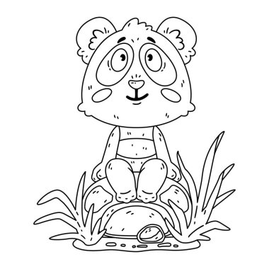 Kayanın üzerinde oturan sevimli panda. Kawaii Hayvanat Bahçesi Vektörü. Renklendirme sayfası için vektör illüstrasyonu.