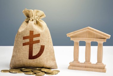 Türk lirası para çantası ve banka / hükümet binası. Bütçe, ulusal finans sistemi. Para politikası. Kaynak tahsisi. Kriz durumundaki işletmeleri destekleyin. Borç verme, mevduat verme.